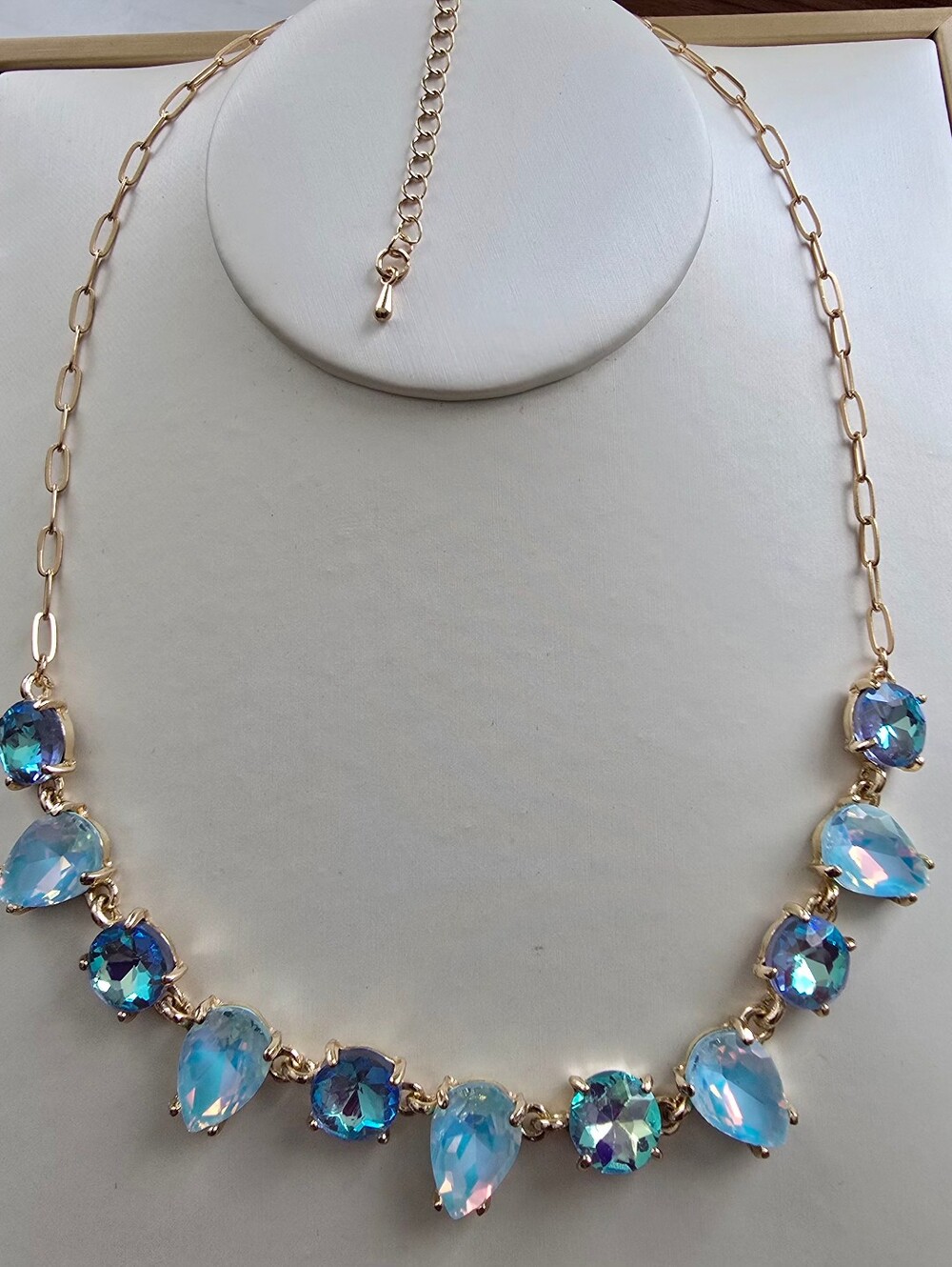 Blue Teardrop Crystal Necklace - Gold Chain